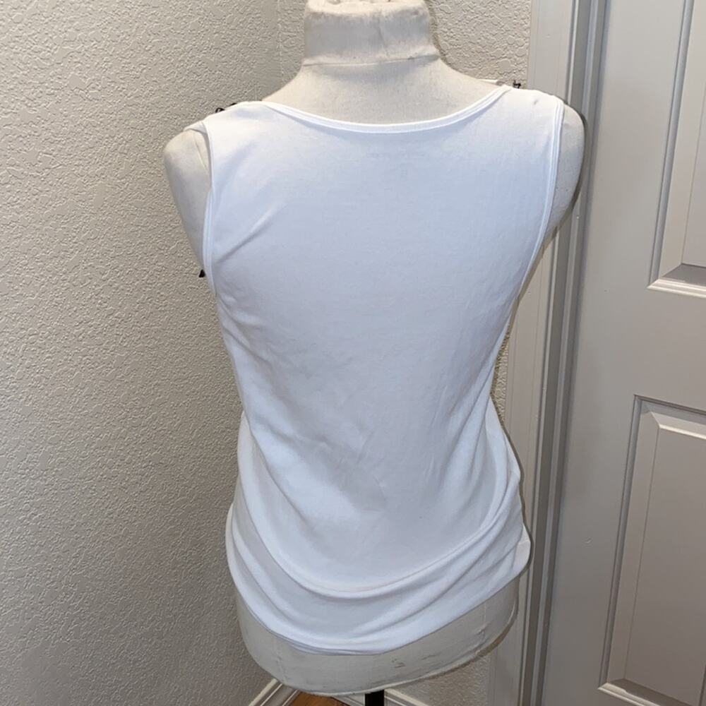 Ann Taylor Round Neck White Cotton Tank Top Sz M Lace Ribbon & Rhinestones - Picture 4 of 8